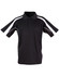 A black short sleeve polo shirt with white stripes on the sides and a collar. It features a logo on the front.