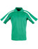 A green polo shirt with white accents and a logo, featuring short sleeves and a collar.