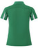A green short sleeve polo shirt with white detailing and a collar, featuring a logo on the back.