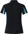 A black polo shirt with short sleeves featuring turquoise accents and a logo on the back.