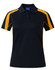 A black short sleeve polo shirt with orange side panels and a logo on the collar.