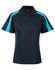 A black polo shirt with turquoise accents and short sleeves, featuring a logo on the collar.