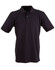 A black polo shirt with a collar and buttons, featuring short sleeves and a logo.
