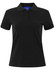 A black ladies cotton stretch polo shirt featuring a classic collar and a three-button placket. Includes a logo.