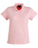 A pink ladies' polo shirt with a collar and three-button placket, featuring a logo on the chest.