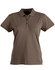 A brown ladies' polo shirt with a collar, three buttons, and short sleeves. It features a logo on the chest.