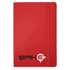 A red journal with a textured cover and an elastic band, featuring a logo on the front.