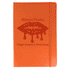 An orange journal with a textured cover and a logo, featuring an elastic band closure.