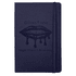 A navy blue journal with a textured cover and an elastic closure. It features a branding logo on the front.