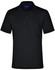 A black polo shirt with a buttoned collar and short sleeves, featuring a logo on the chest.