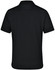 A back view of a black polo shirt featuring a collar and short sleeves, with a logo on the fabric.