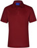 A red polo shirt with a collar and short sleeves, featuring buttons and a branding label on the neckline.