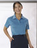 A light blue ladies' polo shirt with a collar and a logo on the chest.