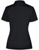 A black ladies' polo shirt featuring a collar and a fitted design, with a branding logo on the back.