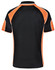 A black polo shirt with orange accents and a logo on the back. Features short sleeves and a collar.