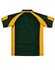 A polo shirt featuring a green and yellow design, with a logo on the back.