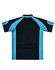 A black polo shirt featuring blue accents and a logo on the back.