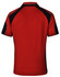A red polo shirt featuring black accents and a logo on the back.