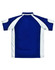 A blue and white men's polo shirt with short sleeves and a logo on the back.