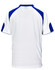 A white polo shirt with blue accents, featuring short sleeves and a collar. It has a logo on the front.