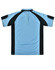 A light blue and black men's polo shirt featuring a logo, shown from the back.