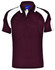 A maroon polo shirt featuring white panel accents and a collar. It has a logo on the chest area.