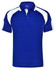 A blue polo shirt with white accents and a logo on the front. Features a collar and short sleeves.