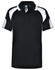 A black and white polo shirt featuring short sleeves and a collar, with a logo on the front.