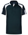 A black and white kid's polo shirt featuring a collar and a logo on the chest area.