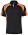 A black polo shirt with orange accents and a collar, featuring a logo on the chest area.