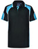 A black polo shirt with turquoise accents and a branded logo on the collar.