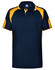 A navy and yellow polo shirt featuring a collar and button placket, with contrasting sleeves and a logo.