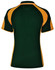 A back view of a polo shirt featuring dark green with orange accents and a logo.
