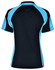 A black polo shirt with blue accents and a logo, featuring a sporty design and short sleeves.