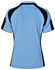A light blue ladies' polo shirt with black accents and a branding logo on the back.