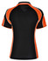 A black polo shirt with orange and white accents, featuring a logo. Short-sleeved with a sporty design.