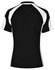 A black and white polo shirt featuring a sporty design and a logo on the back.