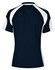 A navy blue polo shirt with white accents, featuring a sporty design and a logo on the back.