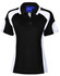 A black and white polo shirt featuring a collar and short sleeves, with a logo on the front.