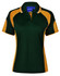 A polo shirt in green with yellow accents, featuring a collar and short sleeves. It has a logo on the chest.