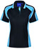A ladies' polo shirt in black with blue accents and a branded logo on the collar.