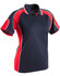 A navy blue polo shirt with red accents and a logo on the chest. Short sleeves and a classic collar design.