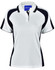 A ladies' polo shirt featuring a white body with black accents and a collar. Includes a logo on the chest.