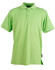 A green men's polo shirt featuring a collar and three buttons, with a logo on the side.