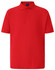 A bright red polo shirt with a collared neckline and short sleeves, featuring a logo on the chest.