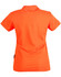 A vibrant orange ladies' polo shirt with a classic collar and short sleeves, featuring a logo.