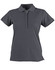 A grey ladies' polo shirt with a collared neckline and short sleeves, featuring a logo on the chest.
