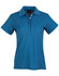 A teal ladies' polo shirt with a collar, short sleeves, and button detailing. It features a branding logo.