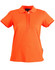 An orange Ladies' Connection Polo shirt with a classic collar and rolled sleeves, featuring a branding logo.