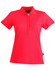 A red ladies' polo shirt with a collar and short sleeves, featuring a branding logo.